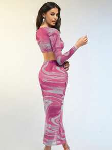 Silquee Marble Print Crop Top & Pencil Skirt - Hot Pink - View 2