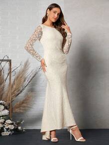 SHEIN Belle Backless Lace Overlay Wedding Dress - Beige - View 6