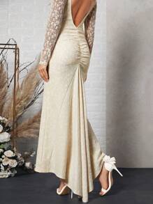 SHEIN Belle Backless Lace Overlay Wedding Dress - Beige - View 7
