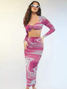 Silquee Marble Print Crop Top & Pencil Skirt - Hot Pink - View 3