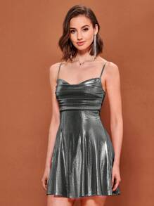 SHEIN BAE Draped Collar Metallic Cami Dress - Grey - View 7