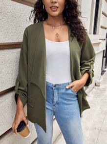 SHEIN LUNE Plus Roll Tab Sleeve Open Front Coat - Army Green - View 1