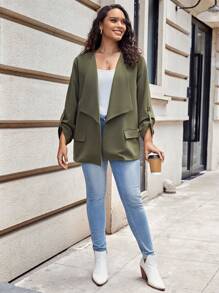 SHEIN LUNE Plus Roll Tab Sleeve Open Front Coat - Army Green - View 4