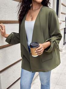 SHEIN LUNE Plus Roll Tab Sleeve Open Front Coat - Army Green - View 5