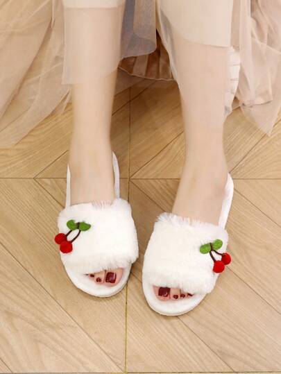 Fall/Winter New Plush Cherry Strap Slippers For Women, Korean Style Home Slippers,Christmas Outfits,Fluffy Slippers,New Year Outfits