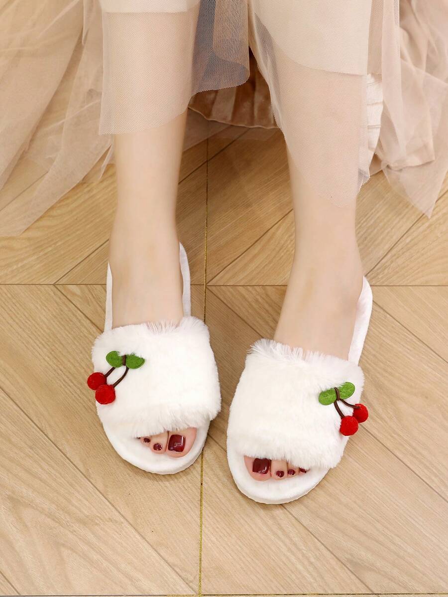 Fall/Winter New Plush Cherry Strap Slippers For Women, Korean Style Home Slippers,Christmas Outfits,Fluffy Slippers,New Year Outfits - White - View 1