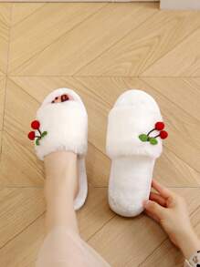Fall/Winter New Plush Cherry Strap Slippers For Women, Korean Style Home Slippers,Christmas Outfits,Fluffy Slippers,New Year Outfits - White - View 2