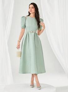 Modelyn 泡泡袖提花连衣裙（无腰带）长款晚礼服 - 薄荷綠 - 查看 3