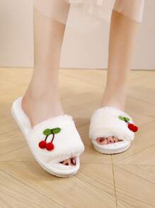 Fall/Winter New Plush Cherry Strap Slippers For Women, Korean Style Home Slippers,Christmas Outfits,Fluffy Slippers,New Year Outfits - White - View 5