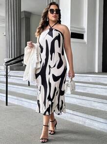 SHEIN Privé Hơn In Toàn bộ Halter Neck Không lưng Đầm - Đen và trắng - Xem 6
