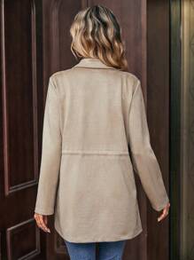 SHEIN LUNE 休閒抽繩 前紐扣純色女士常規外套 - 卡其色 - 查看 2