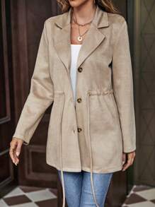 SHEIN LUNE 休閒抽繩 前紐扣純色女士常規外套 - 卡其色 - 查看 5