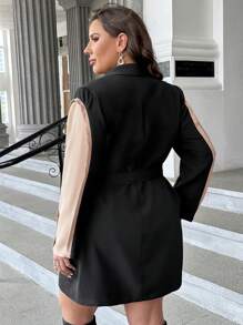 SHEIN Privé Plus Shawl Collar Contrast Sleeve Belted Blazer Dress In Fall/Winter - Black - View 2