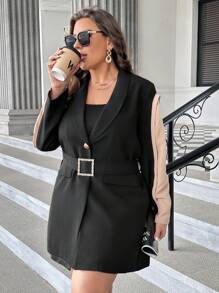 SHEIN Privé Plus Shawl Collar Contrast Sleeve Belted Blazer Dress In Fall/Winter - Black - View 7