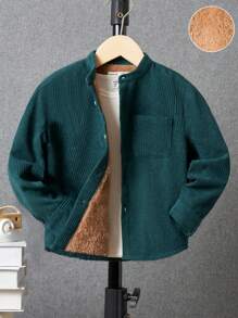 SHEIN Camisa cómoda de manga larga tejida de color sólido para niño joven - Verde Oscuro - Ver 1