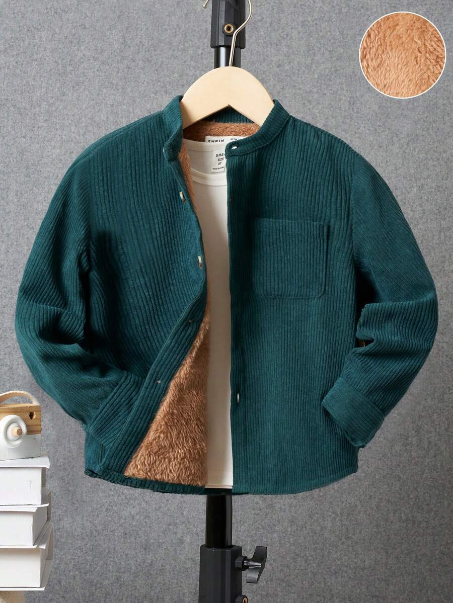 SHEIN Camisa cómoda de manga larga tejida de color sólido para niño joven - Verde Oscuro - Ver 1