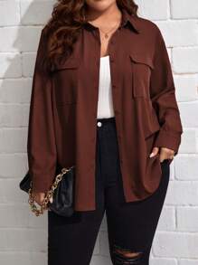 SHEIN Essnce 大碼翻蓋口袋落肩袖襯衫 - 咖啡棕 - 查看 1