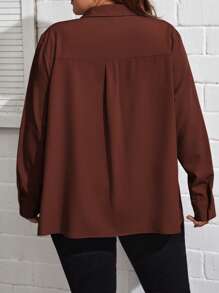 SHEIN Essnce 大碼翻蓋口袋落肩袖襯衫 - 咖啡棕 - 查看 2