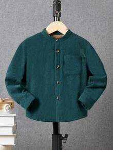 SHEIN Camisa cómoda de manga larga tejida de color sólido para niño joven - Verde Oscuro - Ver 3