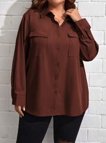 SHEIN Essnce 大碼翻蓋口袋落肩袖襯衫 - 咖啡棕 - 查看 4