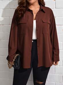SHEIN Essnce 大碼翻蓋口袋落肩袖襯衫 - 咖啡棕 - 查看 5