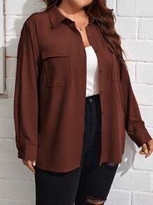 SHEIN Essnce 大碼翻蓋口袋落肩袖襯衫 - 咖啡棕 - 查看 6