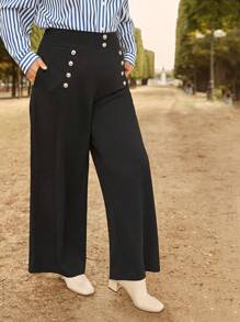 SHEIN Frenchy Talla grande Pantalones de pierna ancha con diseño de botón - Negro - Ver 7