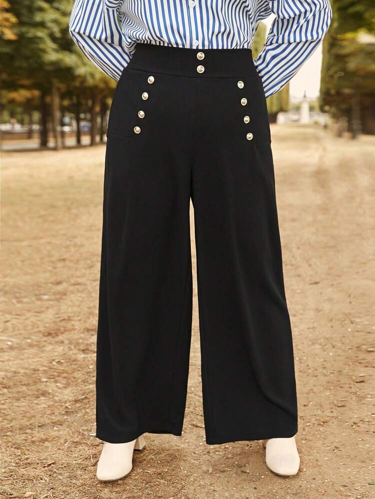 Plus Button Detail Wide Leg Pants