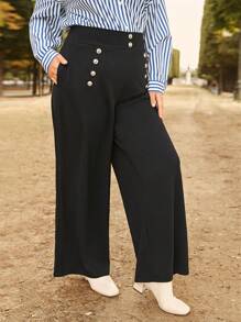 SHEIN Frenchy Talla grande Pantalones de pierna ancha con diseño de botón - Negro - Ver 4