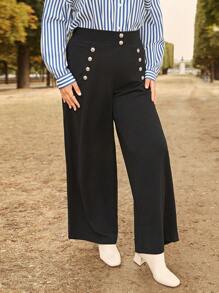 SHEIN Frenchy Talla grande Pantalones de pierna ancha con diseño de botón - Negro - Ver 5