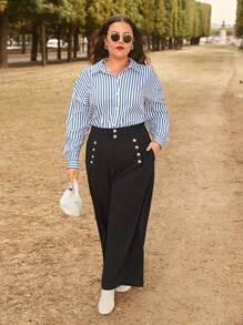 SHEIN Frenchy Talla grande Pantalones de pierna ancha con diseño de botón - Negro - Ver 6