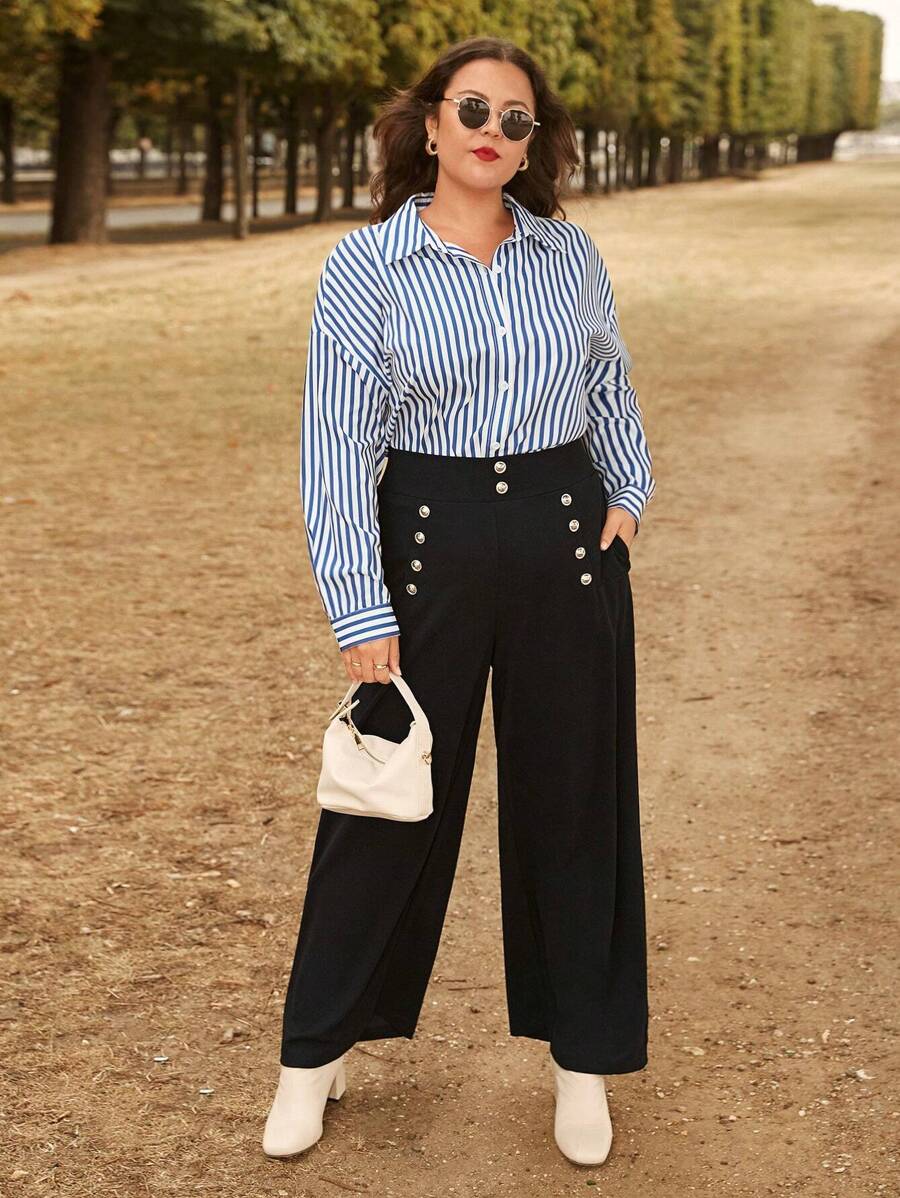 SHEIN Frenchy Talla grande Pantalones de pierna ancha con diseño de botón - Negro - Ver 1