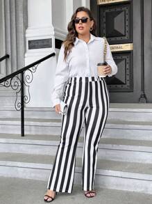 SHEIN Privé 大碼條紋印花喇叭褲 - 黑與白 - 查看 6