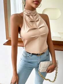 SHEIN Privé 素色前收褶繞頸襯衫 - 杏色 - 查看 5