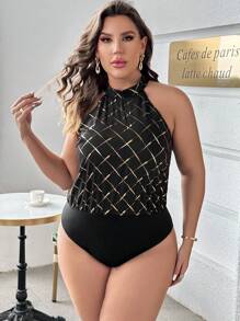 SHEIN Privé 大碼金色菱形印花繞頸緊身連體衣 - 黑色 - 查看 1