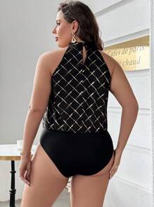 SHEIN Privé 大碼金色菱形印花繞頸緊身連體衣 - 黑色 - 查看 2