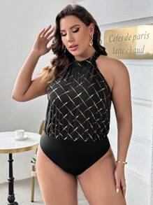 SHEIN Privé 大碼金色菱形印花繞頸緊身連體衣 - 黑色 - 查看 4