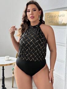 SHEIN Privé 大碼金色菱形印花繞頸緊身連體衣 - 黑色 - 查看 5