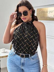 SHEIN Privé 大碼金色菱形印花繞頸緊身連體衣 - 黑色 - 查看 6