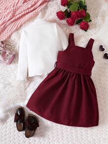 SHEIN Cô Gái Trẻ Áo phông trơn & Nút phía trước Thắt lưng Cord Đầm Tổng thể - Màu Đỏ Sâu - Xem 2