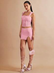 SHEIN BAE Viền chia cắt Schiffy Váy - Hồng - Xem 4