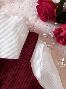 SHEIN Cô Gái Trẻ Áo phông trơn & Nút phía trước Thắt lưng Cord Đầm Tổng thể - Màu Đỏ Sâu - Xem 3