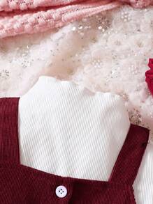 SHEIN Cô Gái Trẻ Áo phông trơn & Nút phía trước Thắt lưng Cord Đầm Tổng thể - Màu Đỏ Sâu - Xem 4