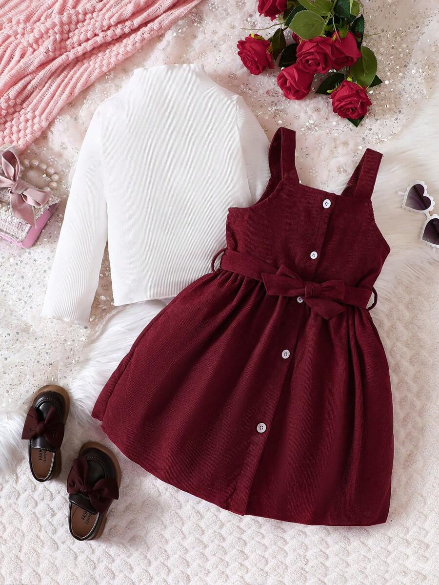 SHEIN Cô Gái Trẻ Áo phông trơn & Nút phía trước Thắt lưng Cord Đầm Tổng thể - Màu Đỏ Sâu - Xem 1