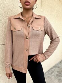 SHEIN Essnce Button Front Flap Detail Waffle Knit Coat - Khaki - View 1