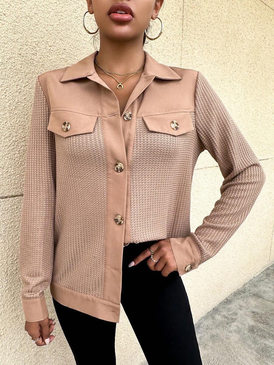 SHEIN Essnce Button Front Flap Detail Waffle Knit Coat - Khaki - View 1