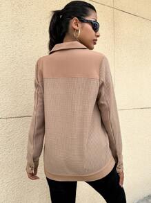 SHEIN Essnce Button Front Flap Detail Waffle Knit Coat - Khaki - View 3