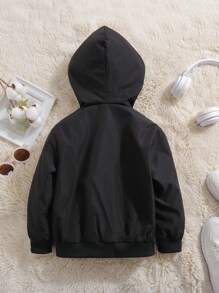 SHEIN Young Boy Casual And Cute Street Style Loose Fit Hooded Jacket With Letter Patches And Zipper, Suitable For Autumn And Winter