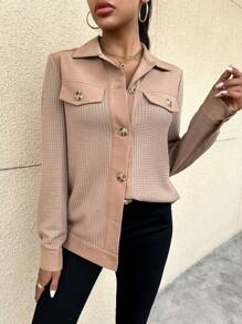 SHEIN Essnce Button Front Flap Detail Waffle Knit Coat - Khaki - View 5