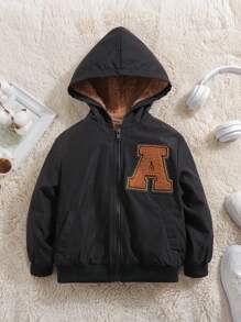 SHEIN Young Boy Casual And Cute Street Style Loose Fit Hooded Jacket With Letter Patches And Zipper, Suitable For Autumn And Winter